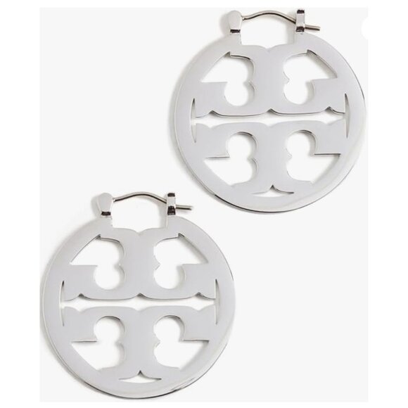 Tory Burch Silver Logo Cutout Miller Hoop Earrings - Picture 2 of 3
